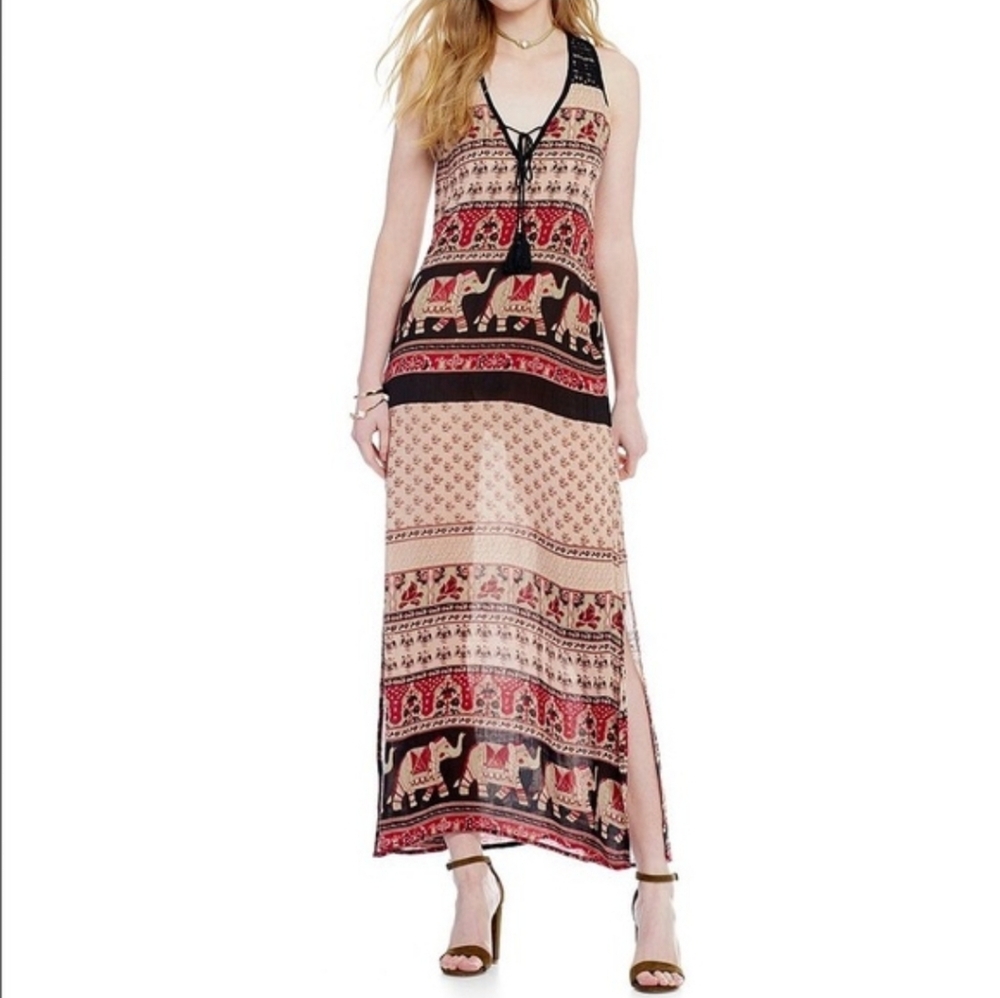 Band of Gypsies Red and Black Elephant Maxi Dress Tassel Detail Boho Sz XS NWOT